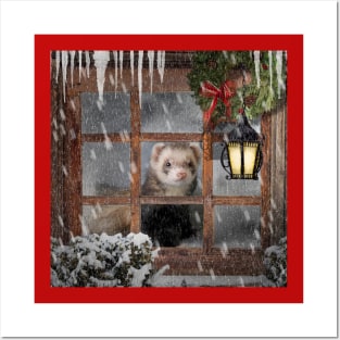 Ferrets Christmas art design. A Winter Day Indoors Ferret Posters and Art